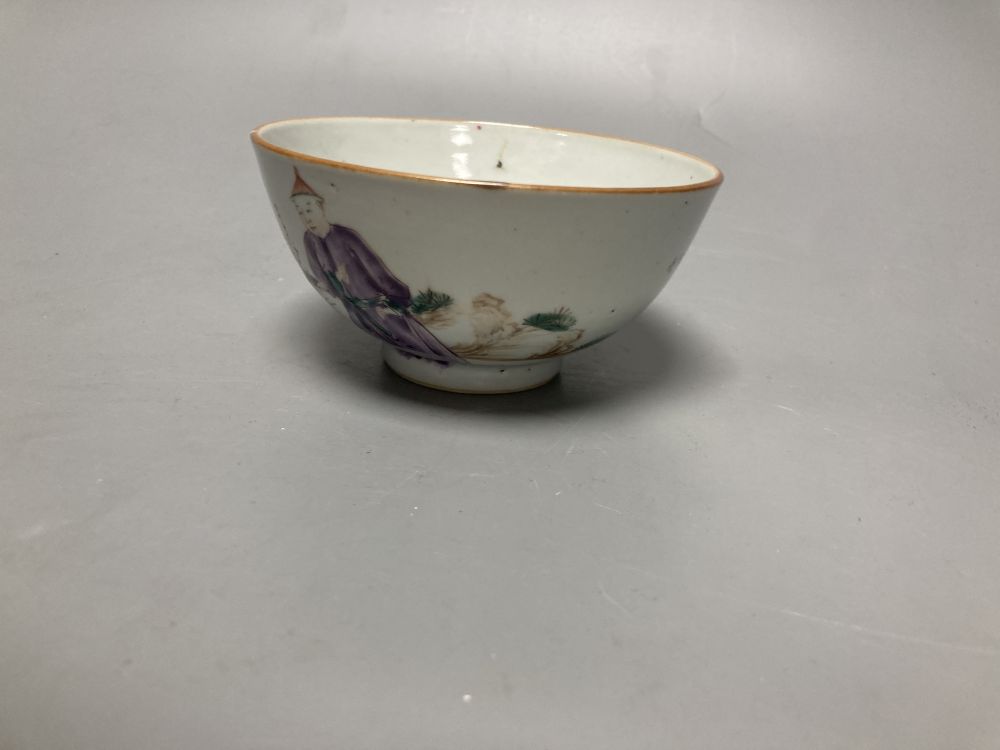 An 18th century Chinese famille rose bowl, 11.5cm diameter, and three smaller Chinese porcelain bowls